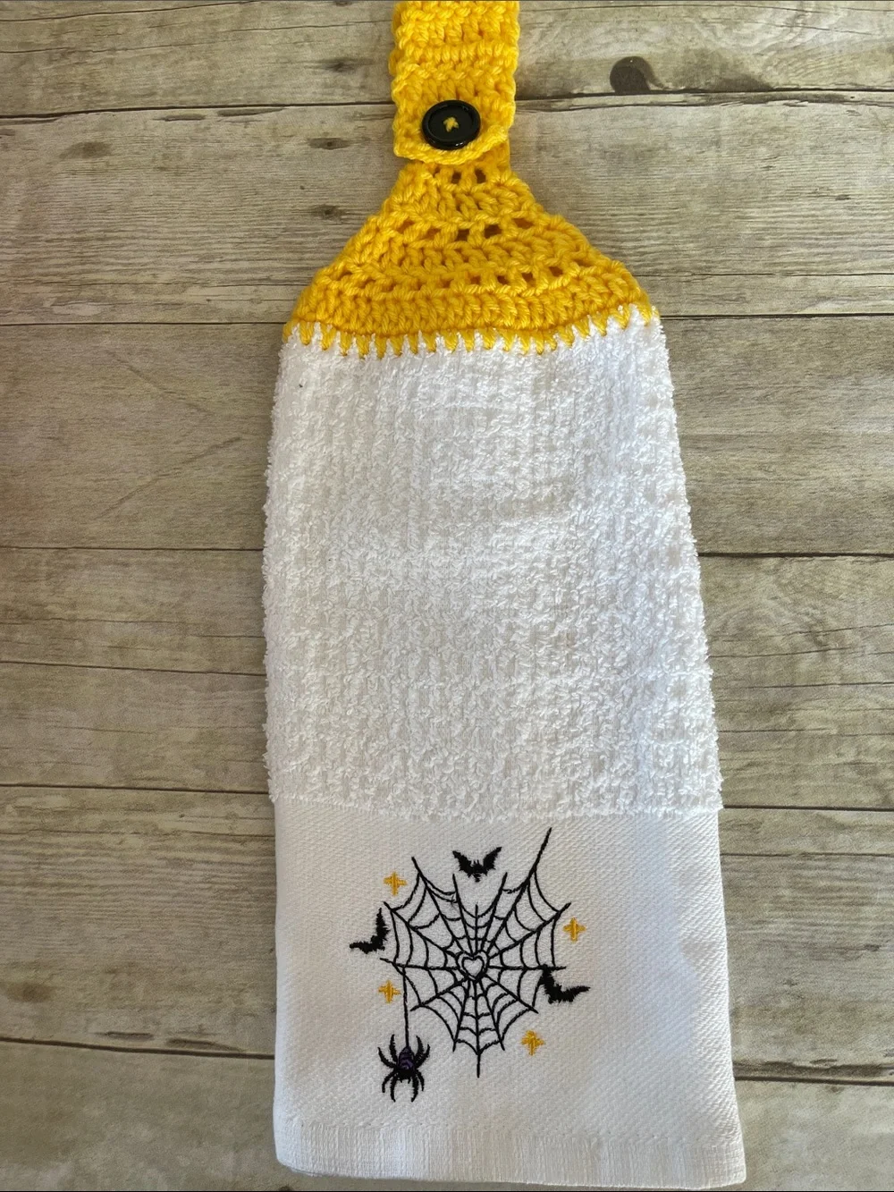 Crochet Top Halloween Spiders & Web Hanging Towel Double Thickness White